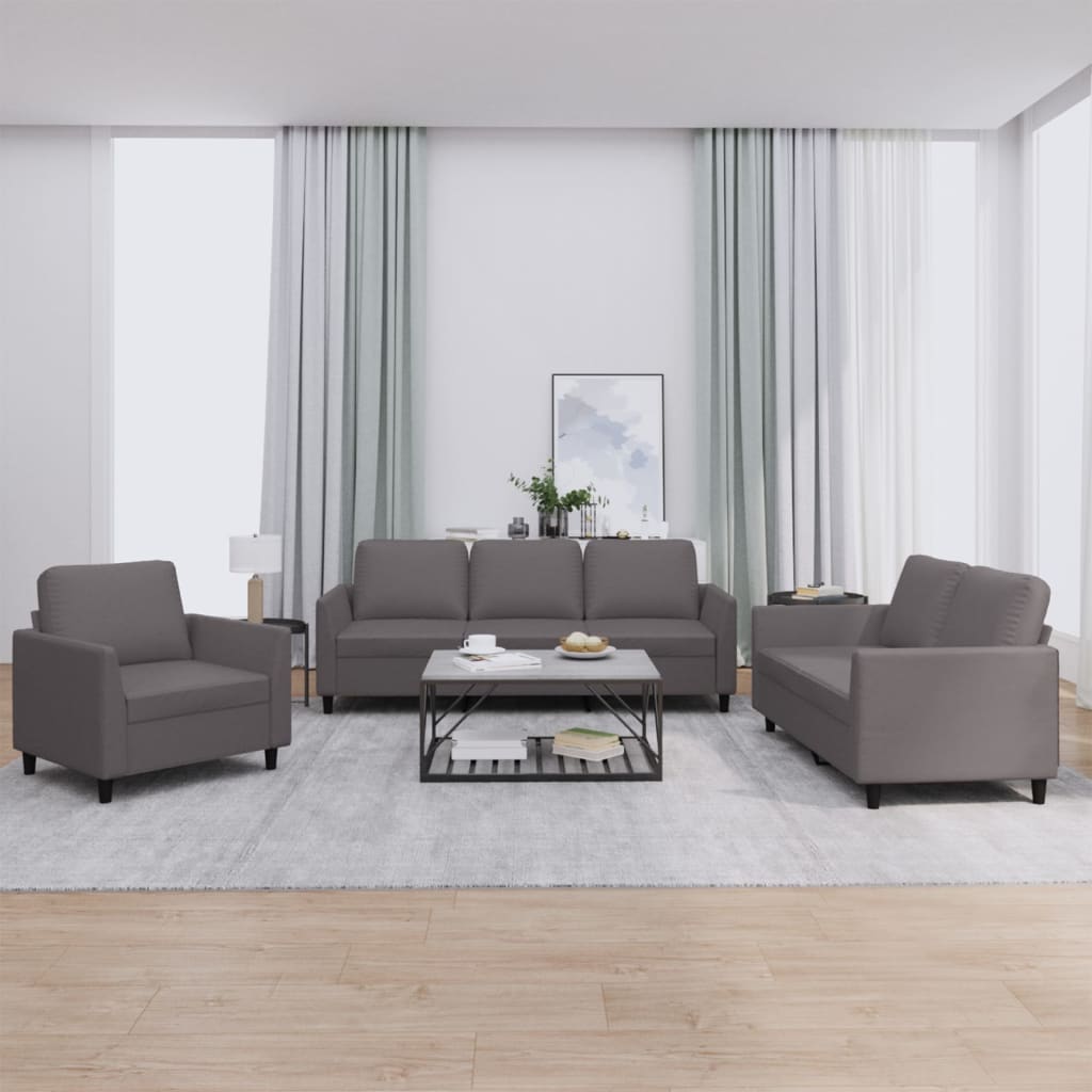 3 Pcs conjunto de sofás c/ almofadões couro artificial cinzento