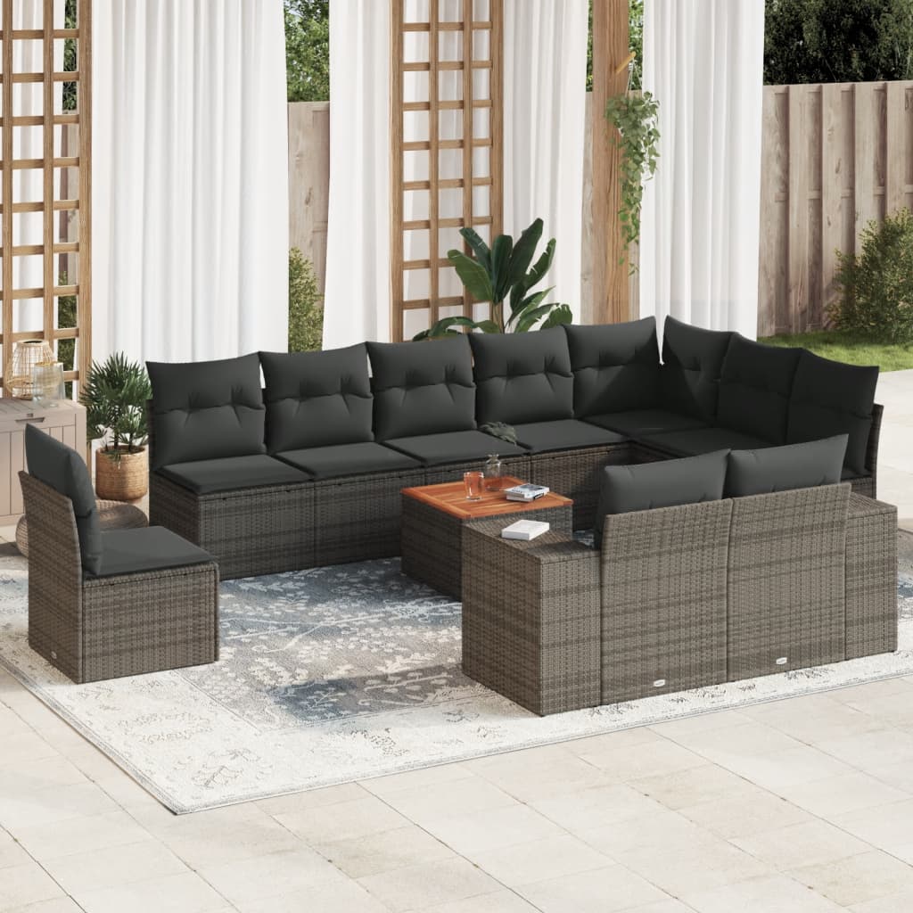 11 Pcs conjunto sofás de jardim c/ almofadões vime PE cinzento