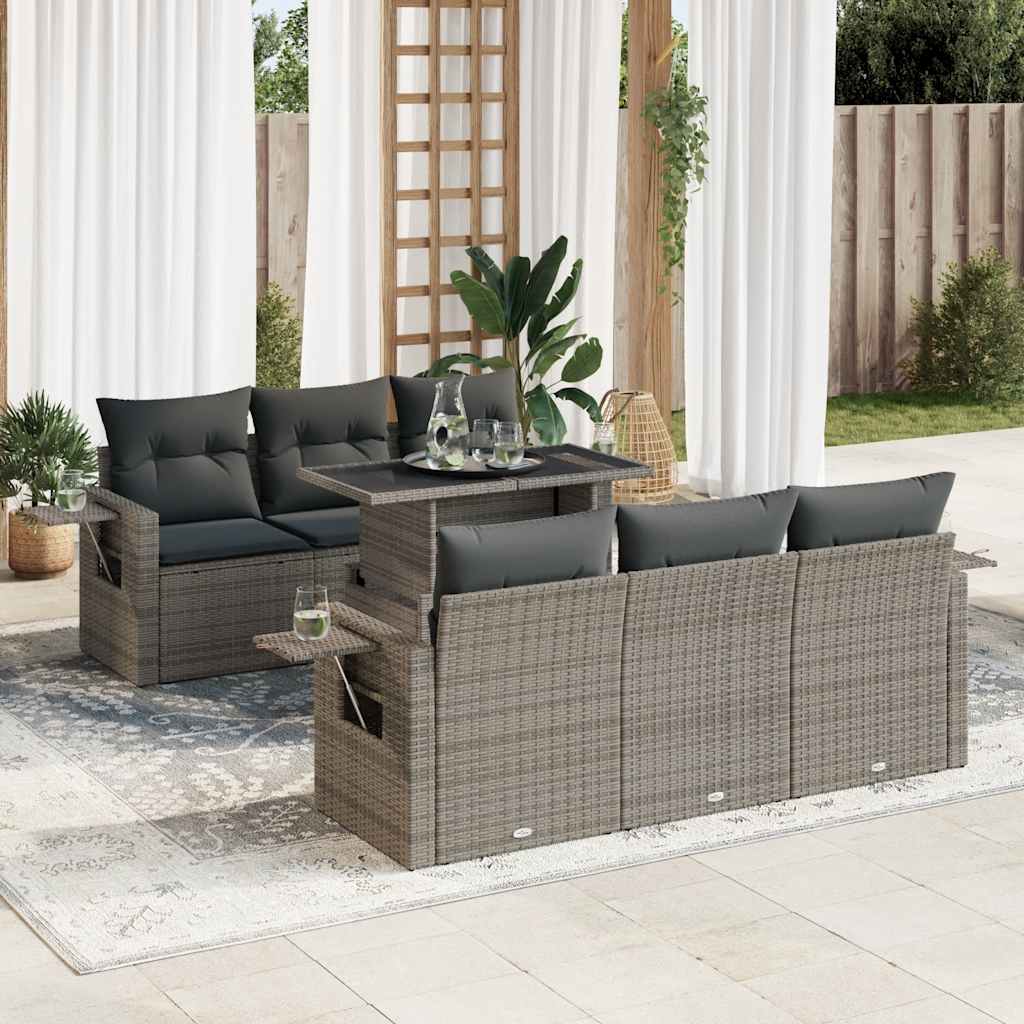 7 Pcs conjunto sofás p/ jardim c/ almofadões vime PE cinzento