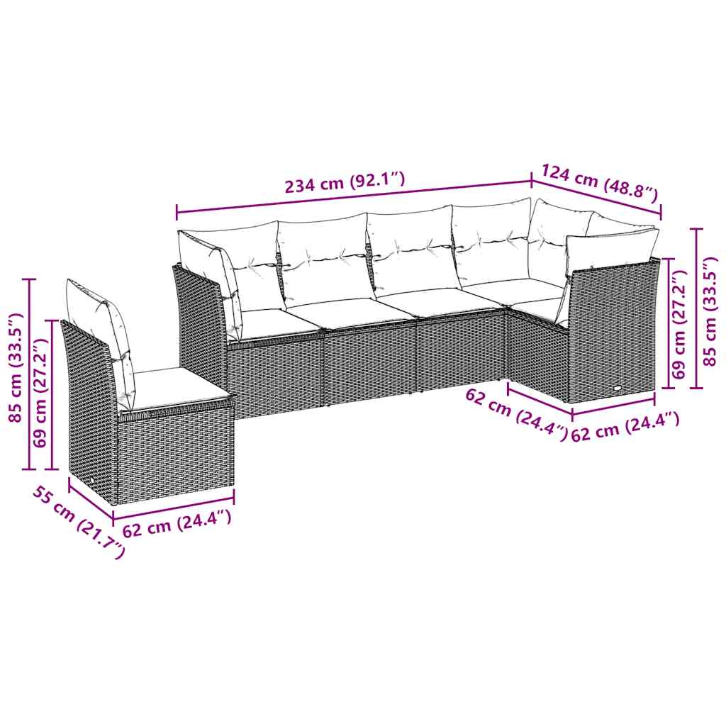 6 Pcs conj. sofás jardim com almofadões vime PE cinzento-claro