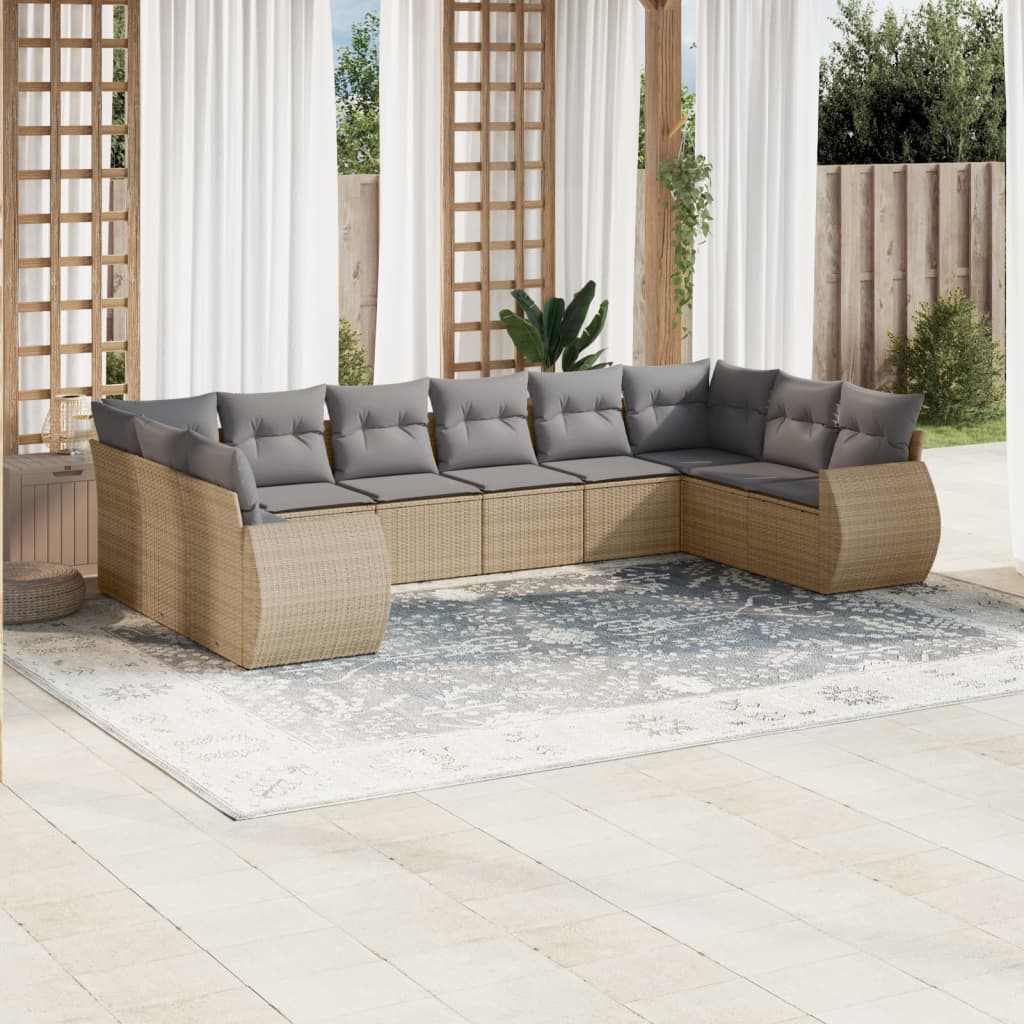 10 Pcs conjunto de sofás p/ jardim com almofadões vime PE bege