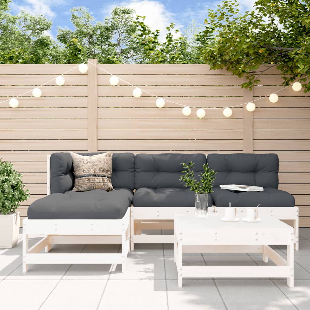 5Pcs conjunto lounge jardim c/ almofadões madeira maciça branco