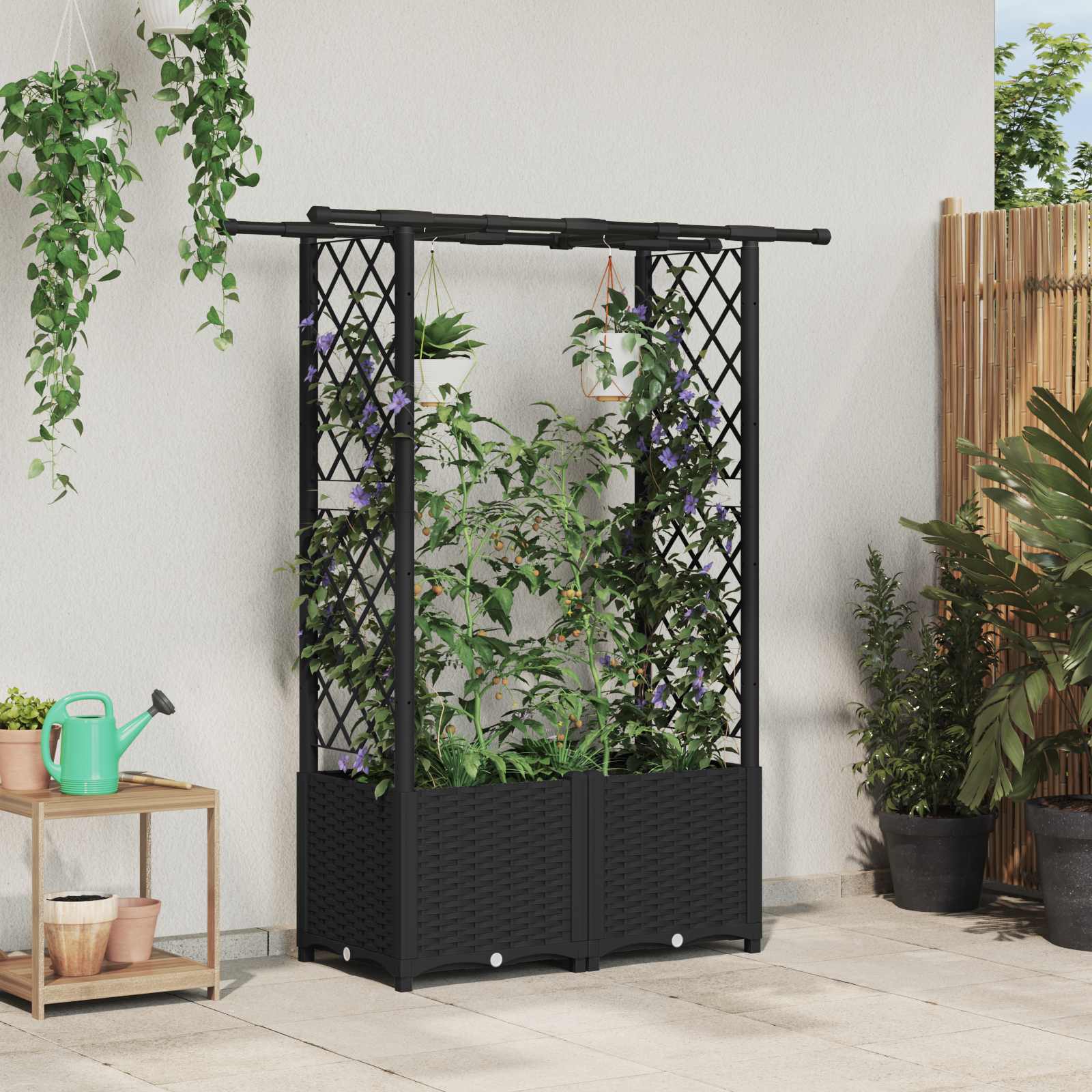 Cama elevada com treliça e telhado preto 124,5 x 40 x 136 cm PP