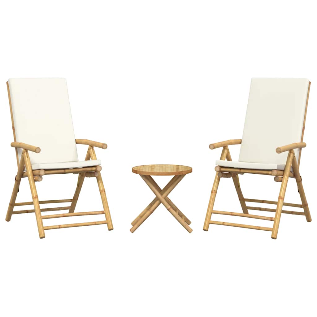 3 Pcs conjunto bistrô dobrável c/ almofadões branco nata bambu