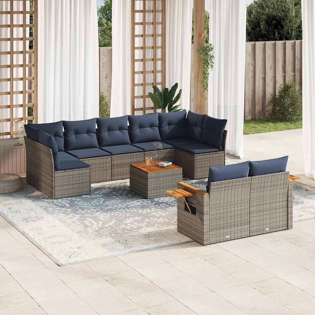 10 Pcs conjunto sofás p/ jardim c/ almofadões vime PE cinzento