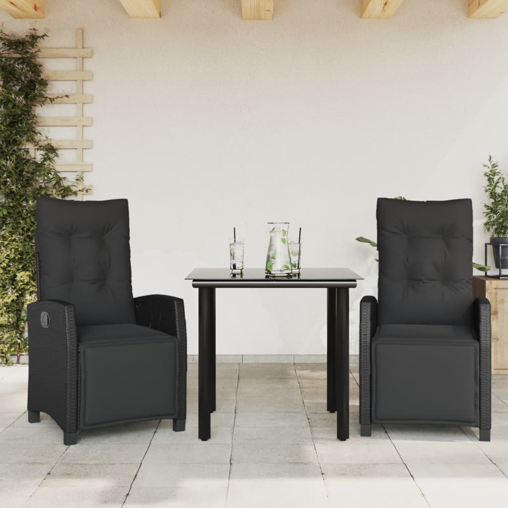 3 Pcs conjunto de jantar p/ jardim c/ almofadões vime PE preto