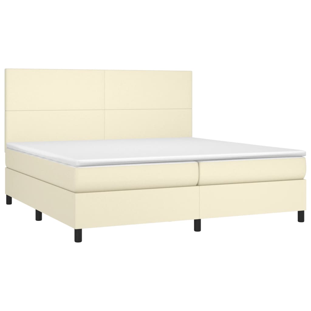 Cama box spring c/ colchão/LED 200x200cm couro artificial creme