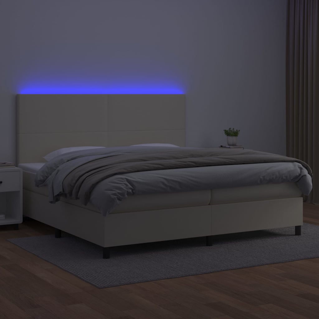 Cama box spring c/ colchão/LED 200x200cm couro artificial creme