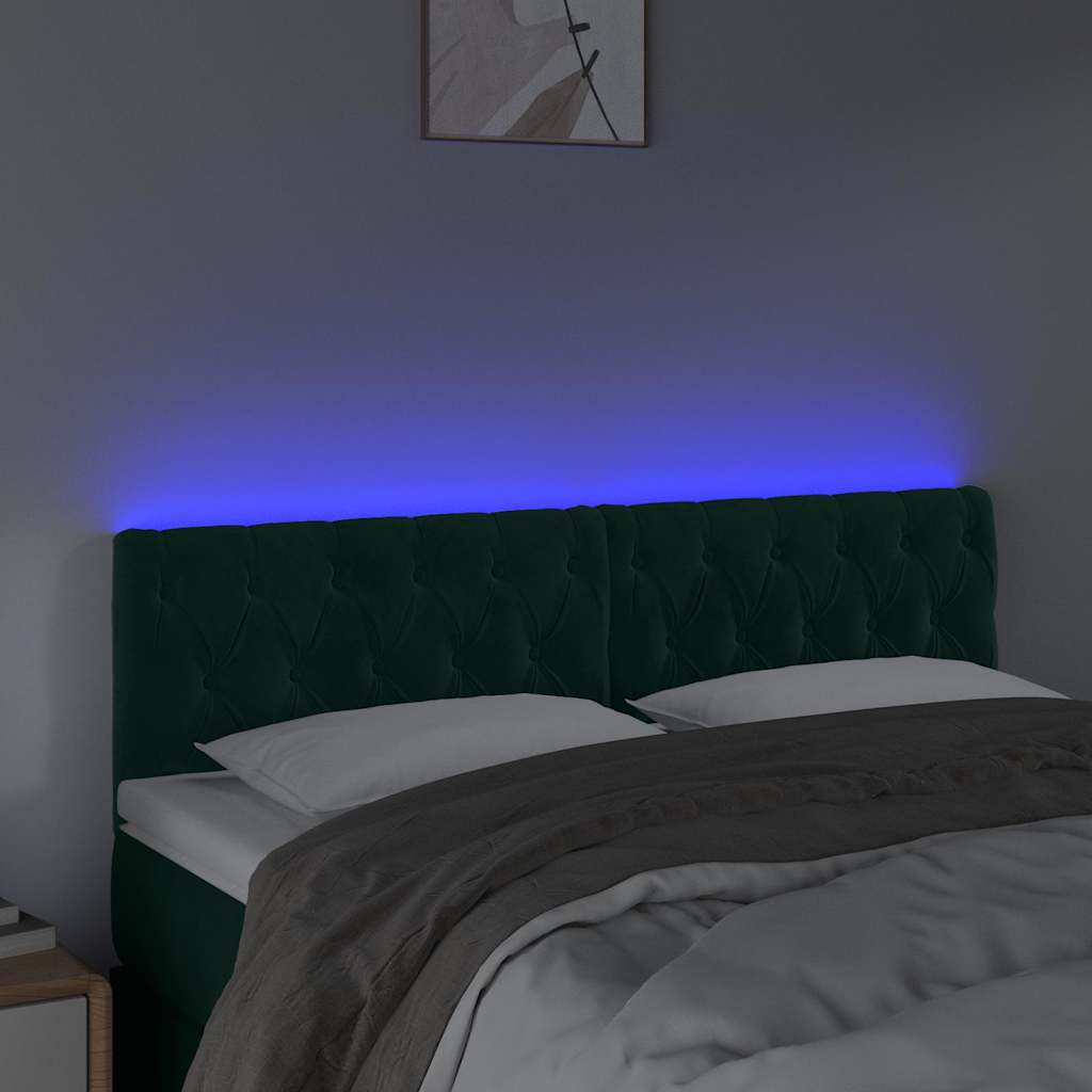 Cabeceira de cama c/luzes LED veludo 144x7x78/88cm verde-escuro