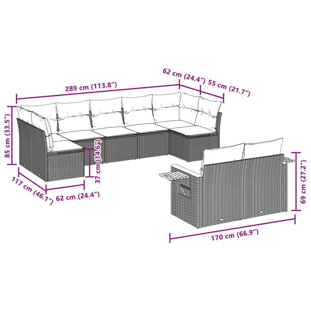 9 Pcs conjunto de sofás p/ jardim c/ almofadões vime PE preto