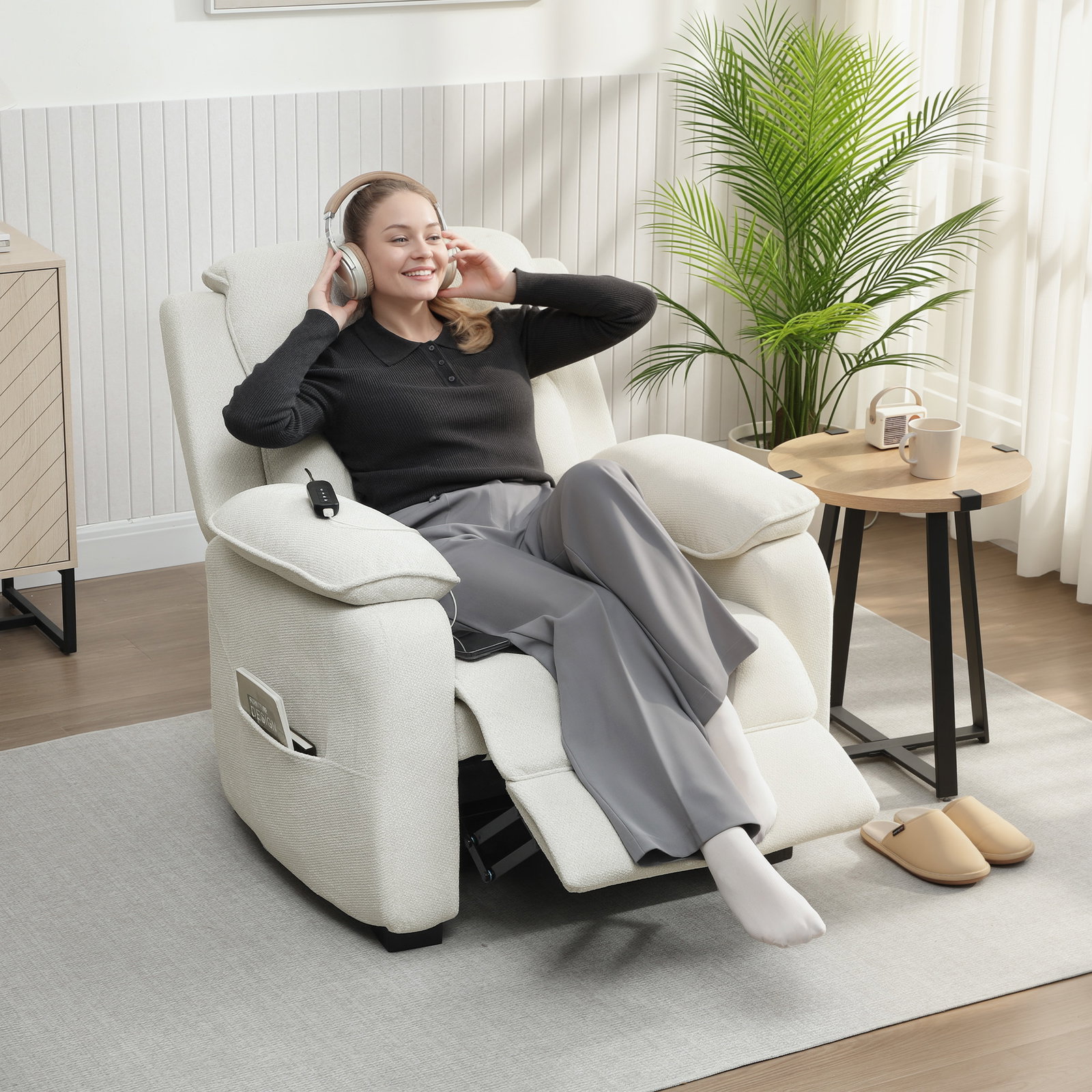 Poltrona reclinável elétrica com motor silencioso, 2 posições de memória, apoio para os pés, encosto de cabeça, USB e bolsos