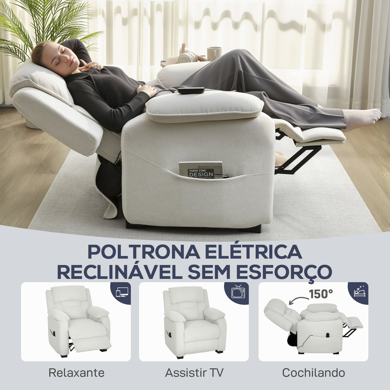 Poltrona reclinável elétrica com motor silencioso, 2 posições de memória, apoio para os pés, encosto de cabeça, USB e bolsos