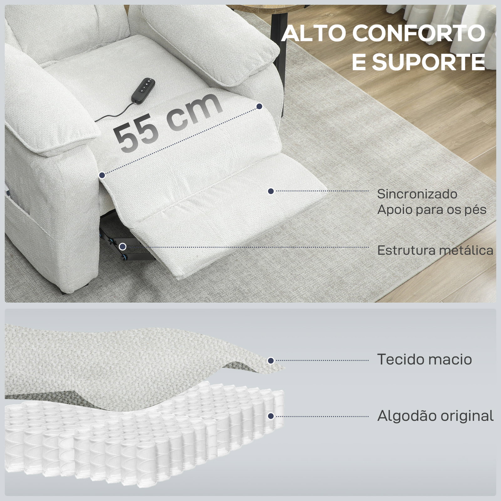 Poltrona reclinável elétrica com motor silencioso, 2 posições de memória, apoio para os pés, encosto de cabeça, USB e bolsos