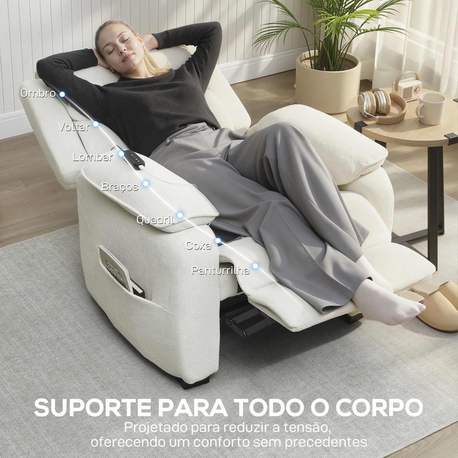 Poltrona reclinável elétrica com motor silencioso, 2 posições de memória, apoio para os pés, encosto de cabeça, USB e bolsos
