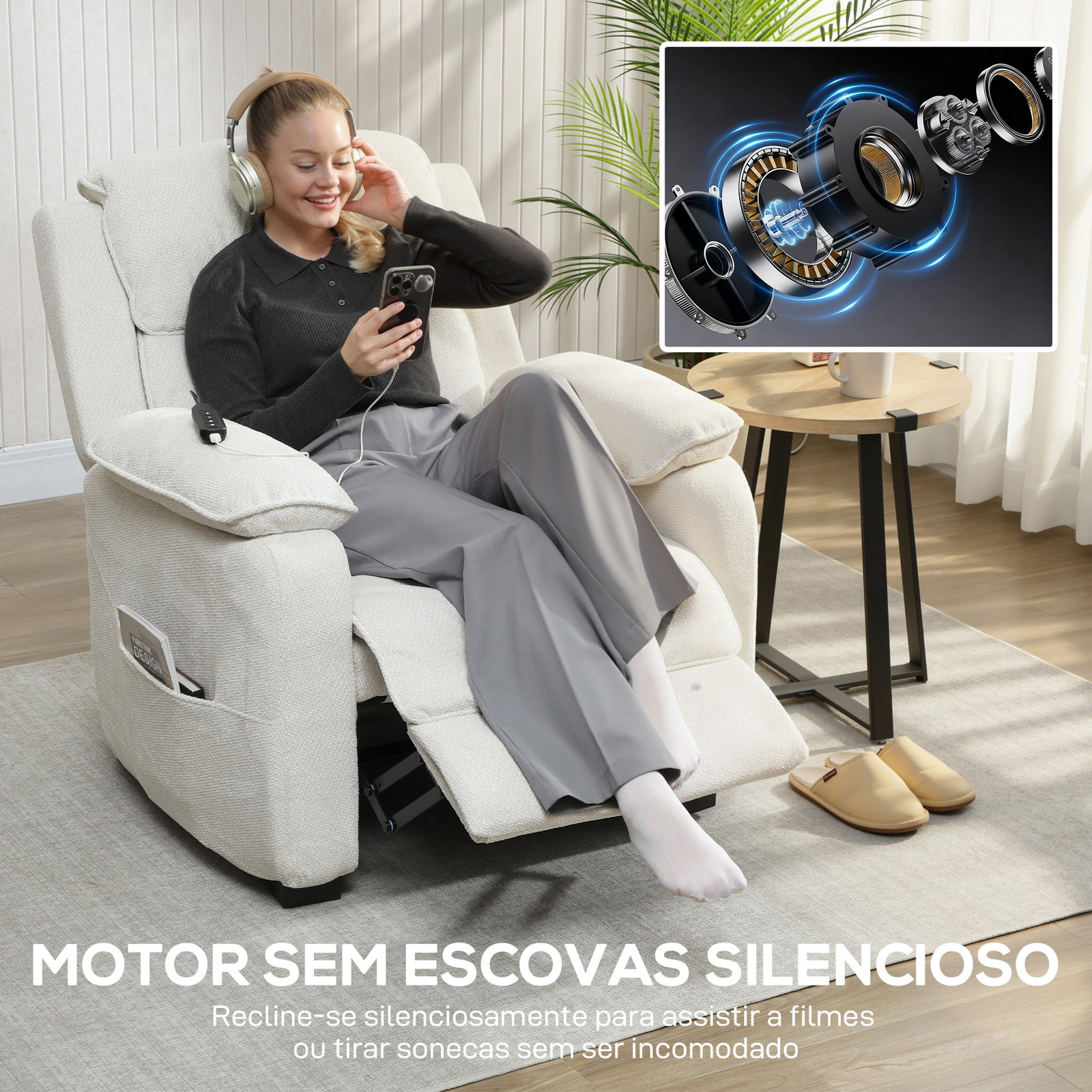 Poltrona reclinável elétrica com motor silencioso, 2 posições de memória, apoio para os pés, encosto de cabeça, USB e bolsos