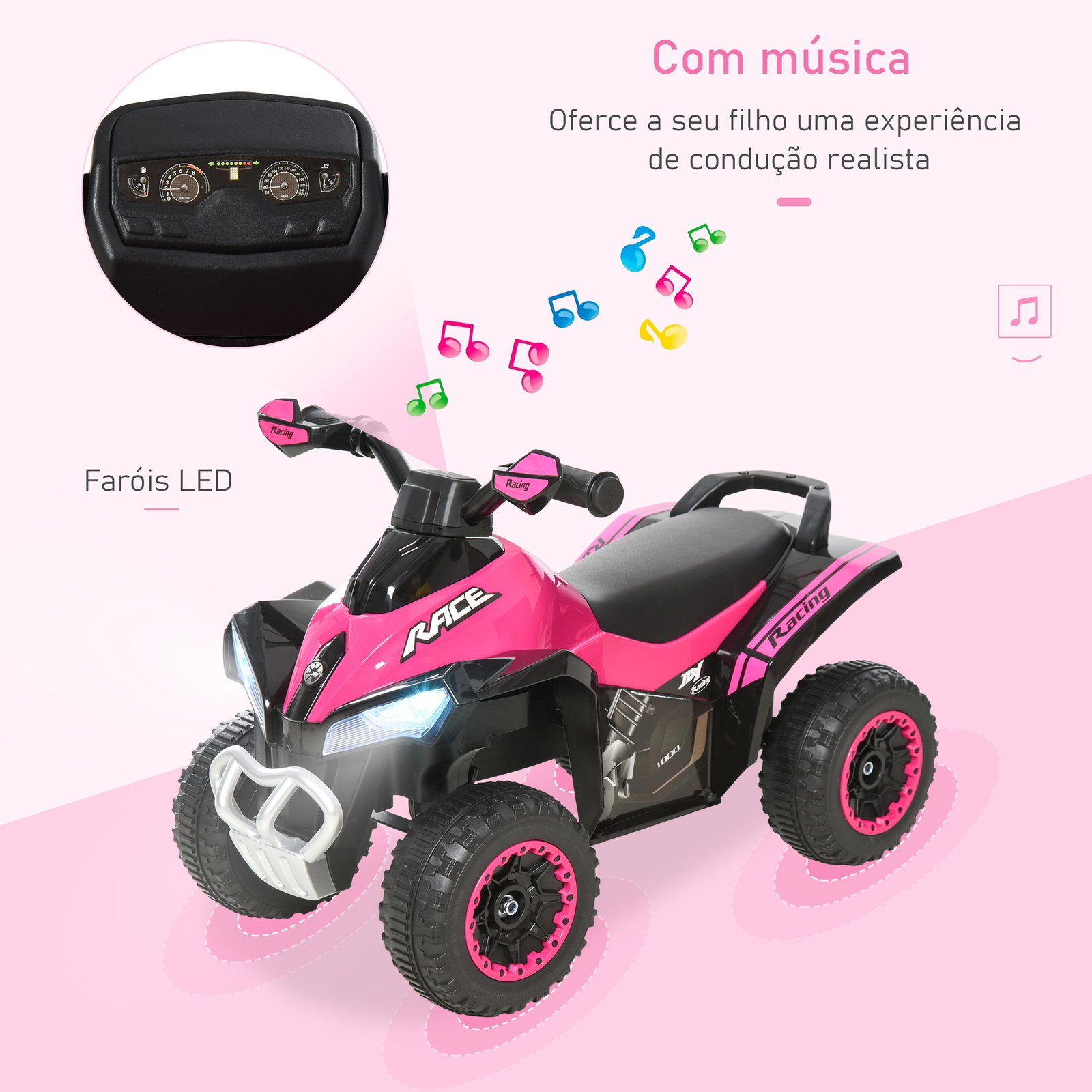 Quadriciclo infantil para crianças acima de 18 meses com luzes e música 67,5x38x44cm rosa
