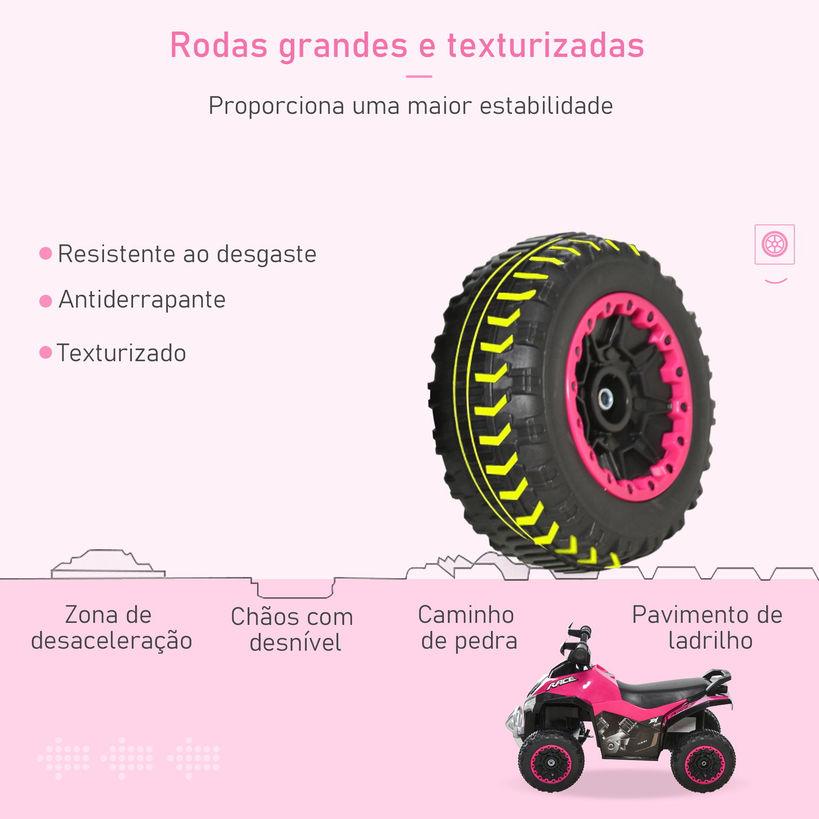 Quadriciclo infantil para crianças acima de 18 meses com luzes e música 67,5x38x44cm rosa