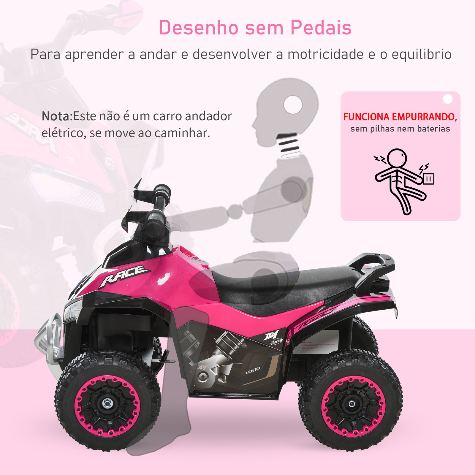 Quadriciclo infantil para crianças acima de 18 meses com luzes e música 67,5x38x44cm rosa