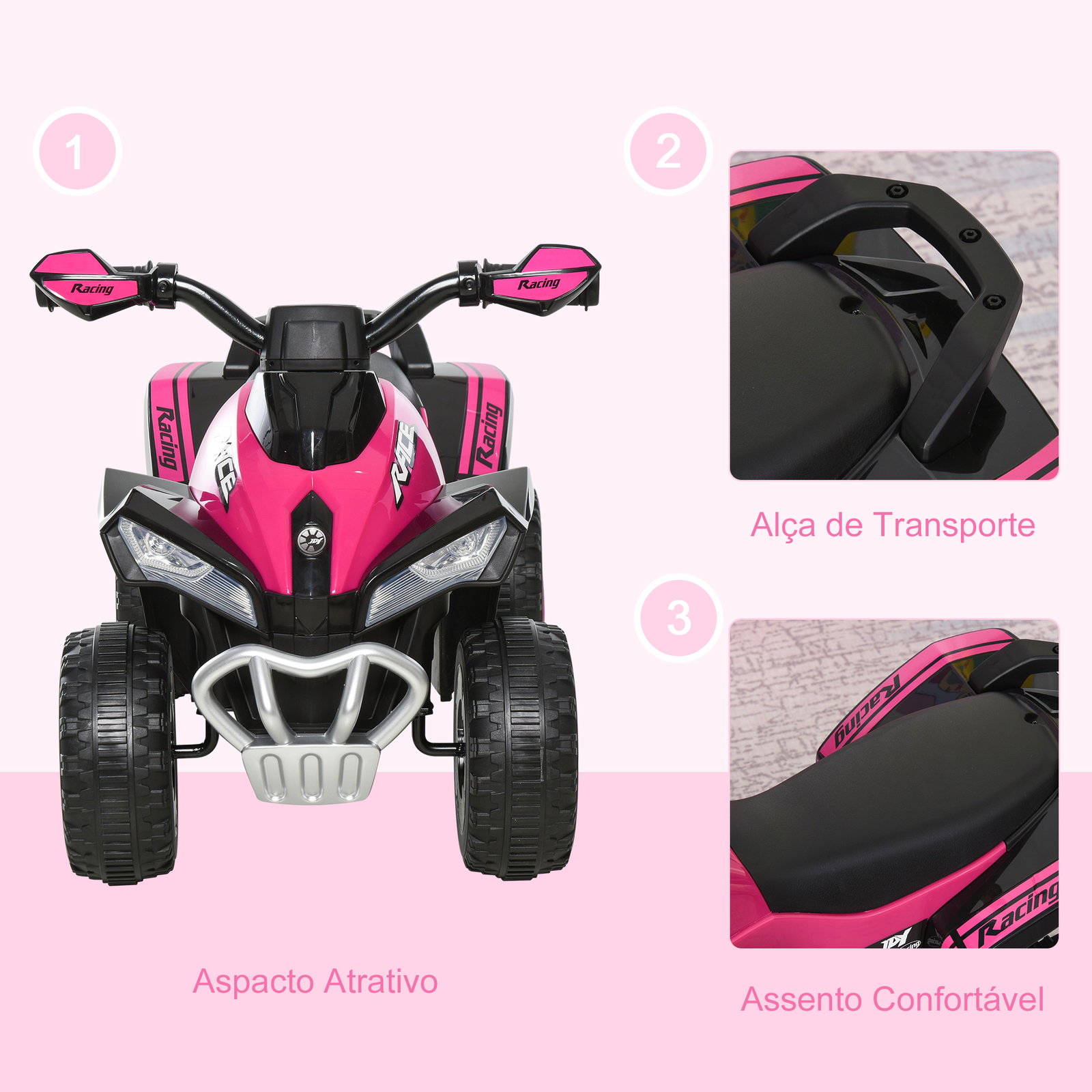 Quadriciclo infantil para crianças acima de 18 meses com luzes e música 67,5x38x44cm rosa