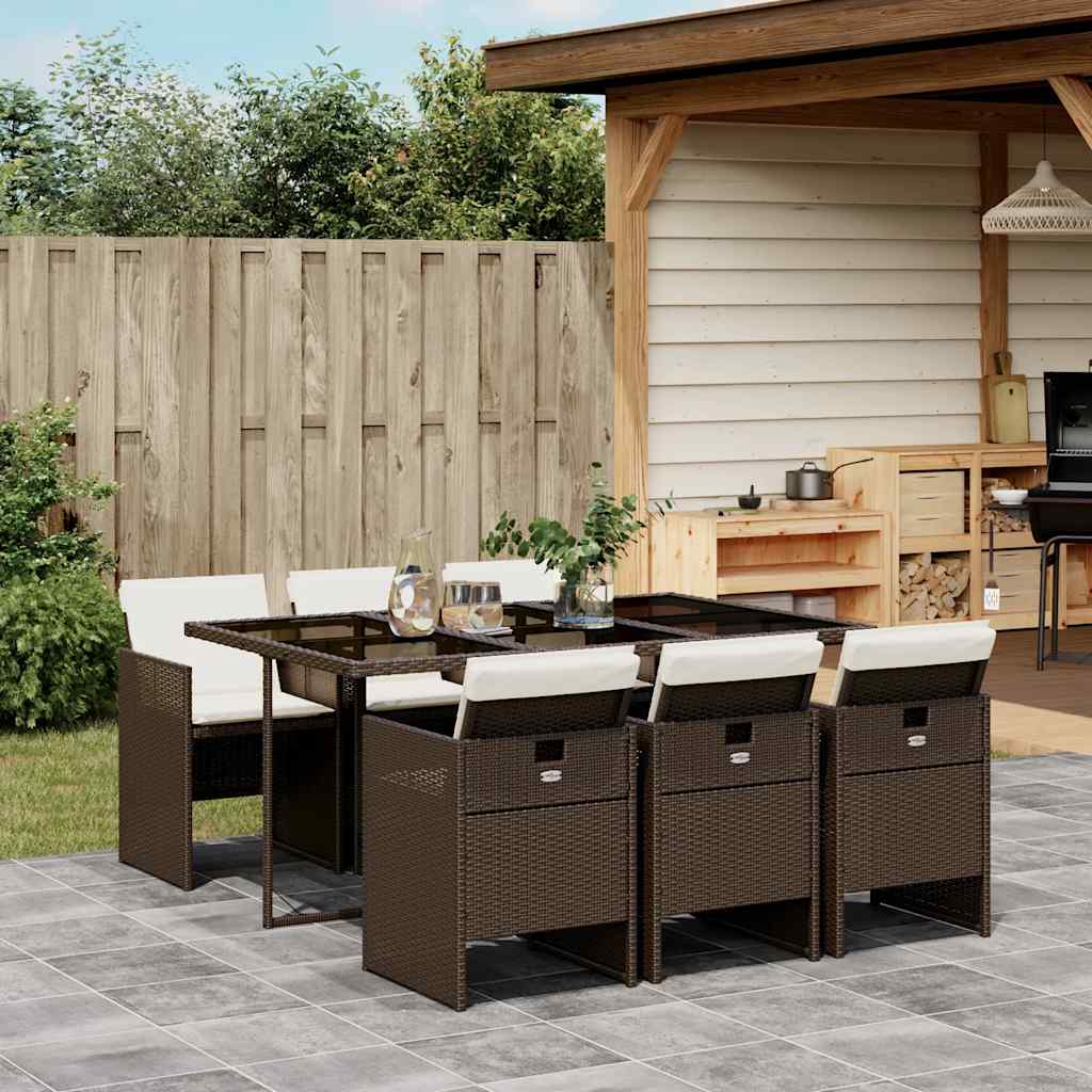 7 Pcs conjunto jantar p/ jardim c/ almofadões vime PE castanho