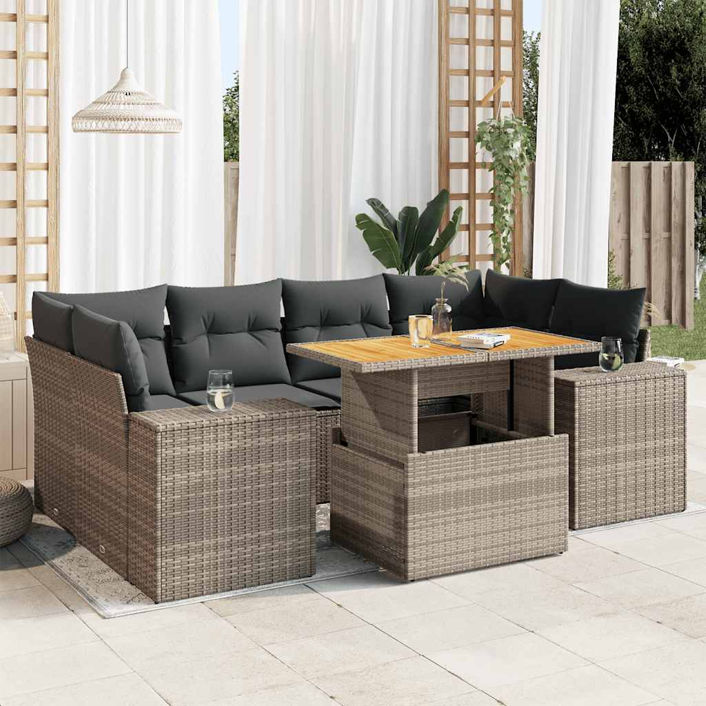 7 Pcs conjunto sofás p/ jardim c/ almofadões vime PE cinzento