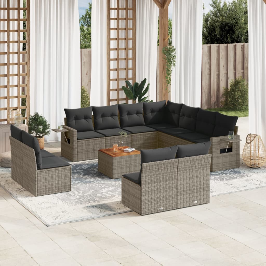 12 Pcs conjunto de sofás jardim c/ almofadões vime PE cinzento