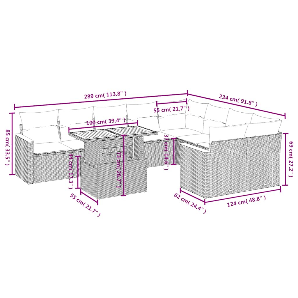 10 Pcs conjunto sofás de jardim c/ almofadões vime PE preto