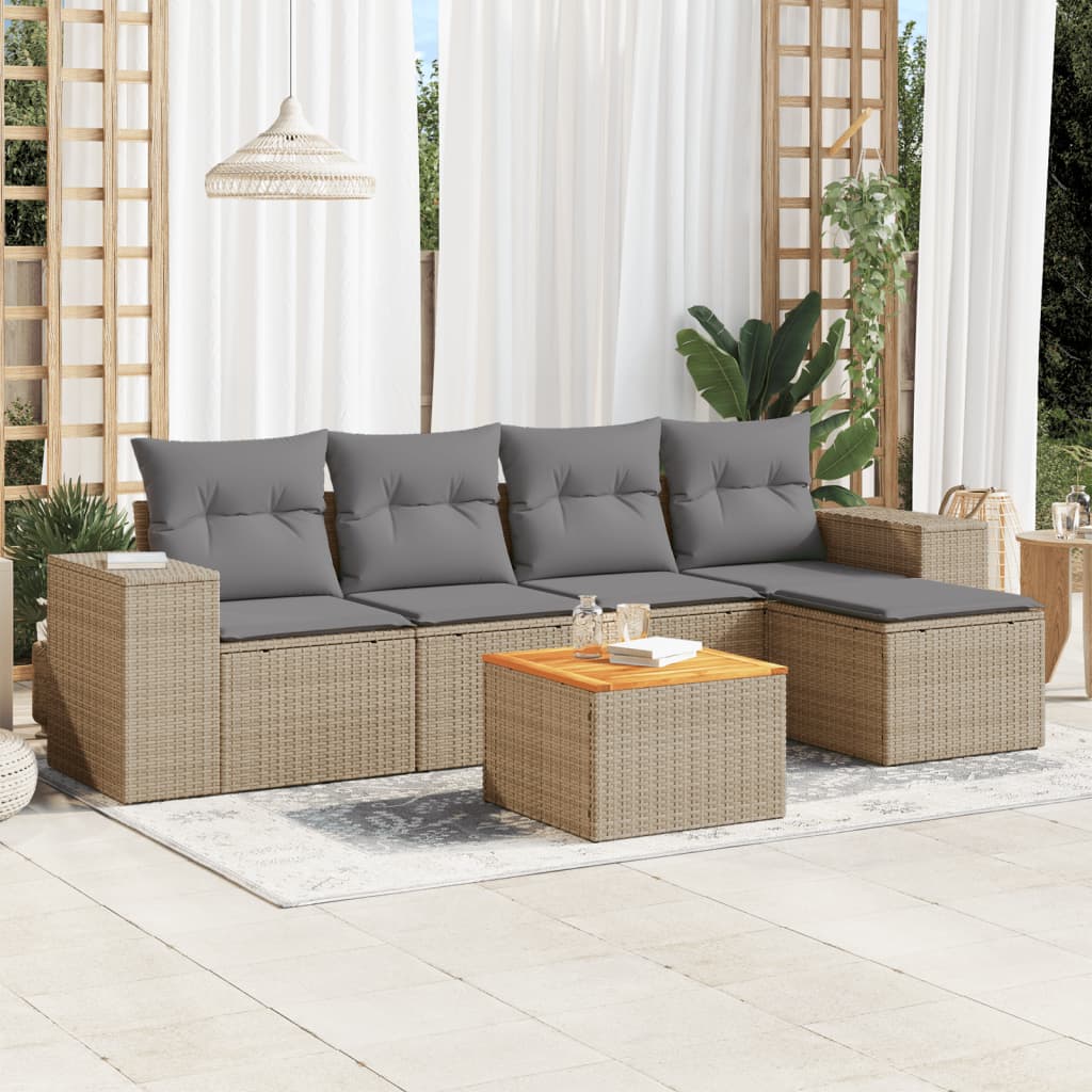 6 Pcs conjunto de sofás p/ jardim com almofadões vime PE bege