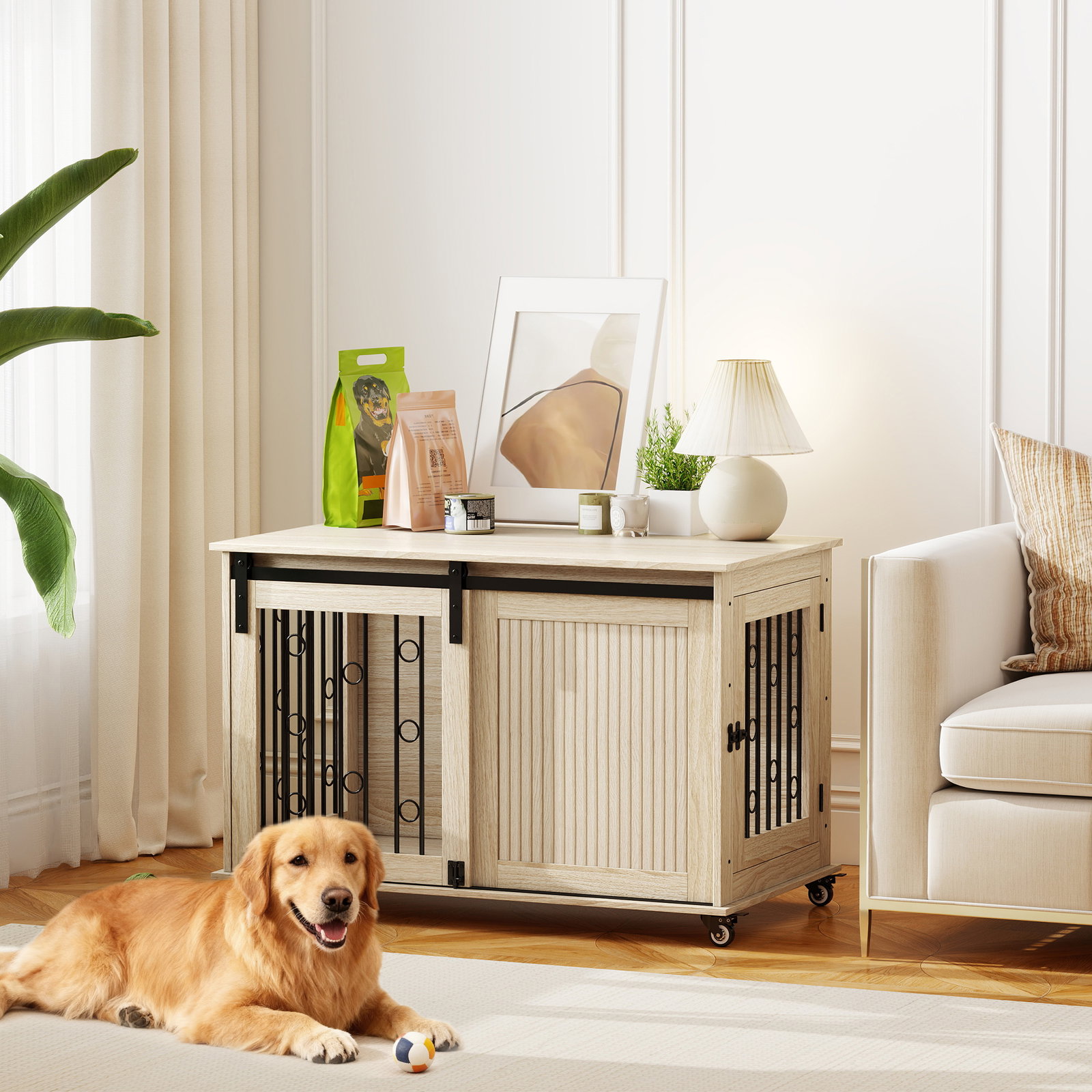 Móvel gaiola para cães com rodas 2 portas com fecho para cães médios e grandes 100x56x65 cm carvalho