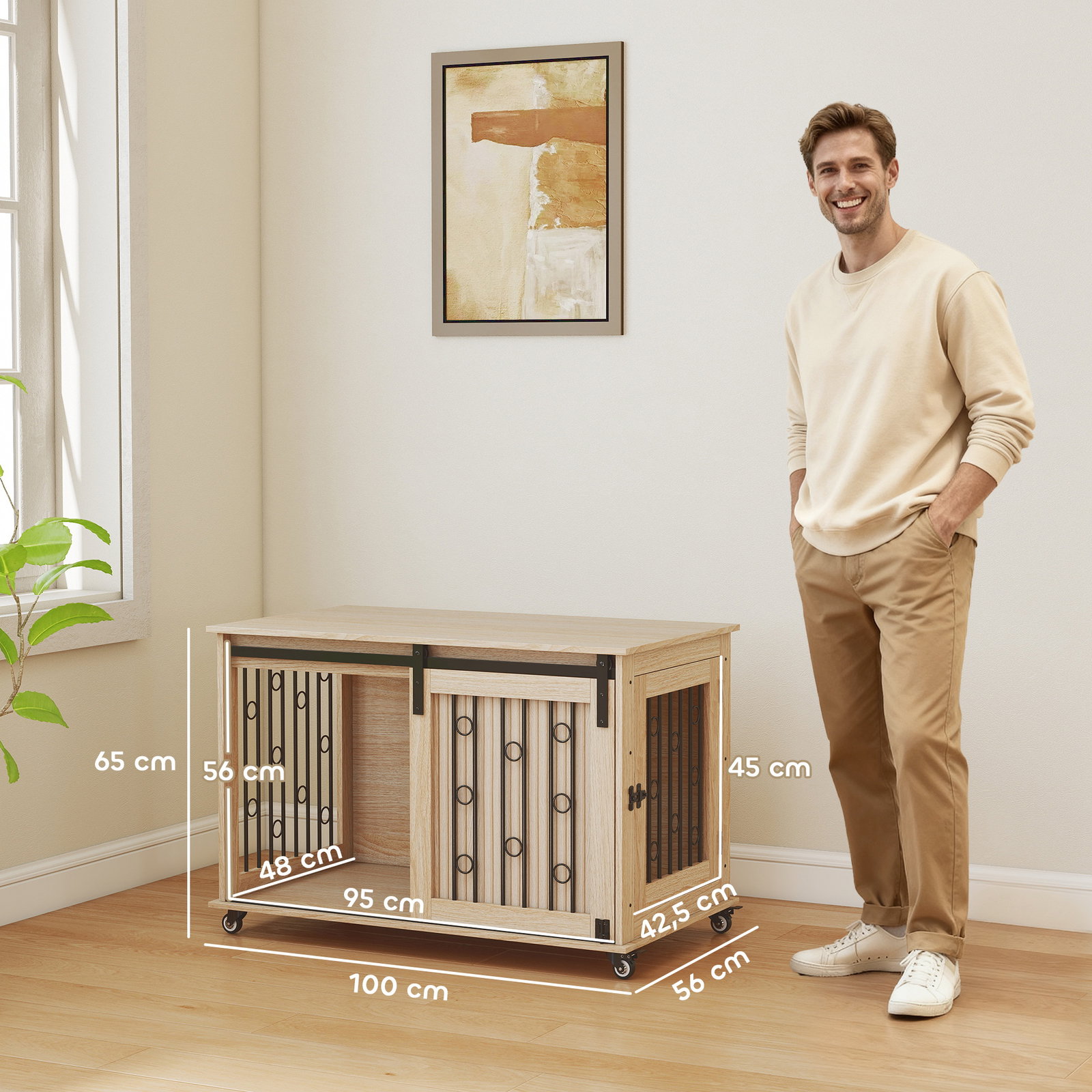 Móvel gaiola para cães com rodas 2 portas com fecho para cães médios e grandes 100x56x65 cm carvalho