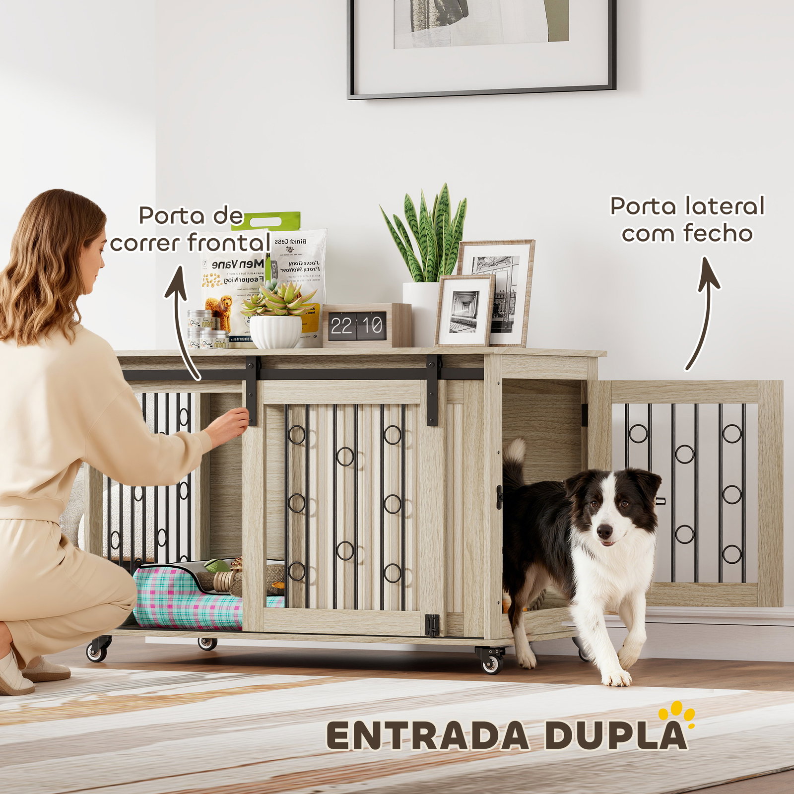 Móvel gaiola para cães com rodas 2 portas com fecho para cães médios e grandes 100x56x65 cm carvalho
