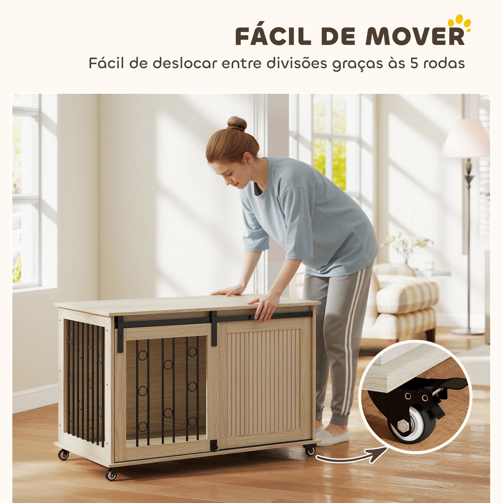 Móvel gaiola para cães com rodas 2 portas com fecho para cães médios e grandes 100x56x65 cm carvalho