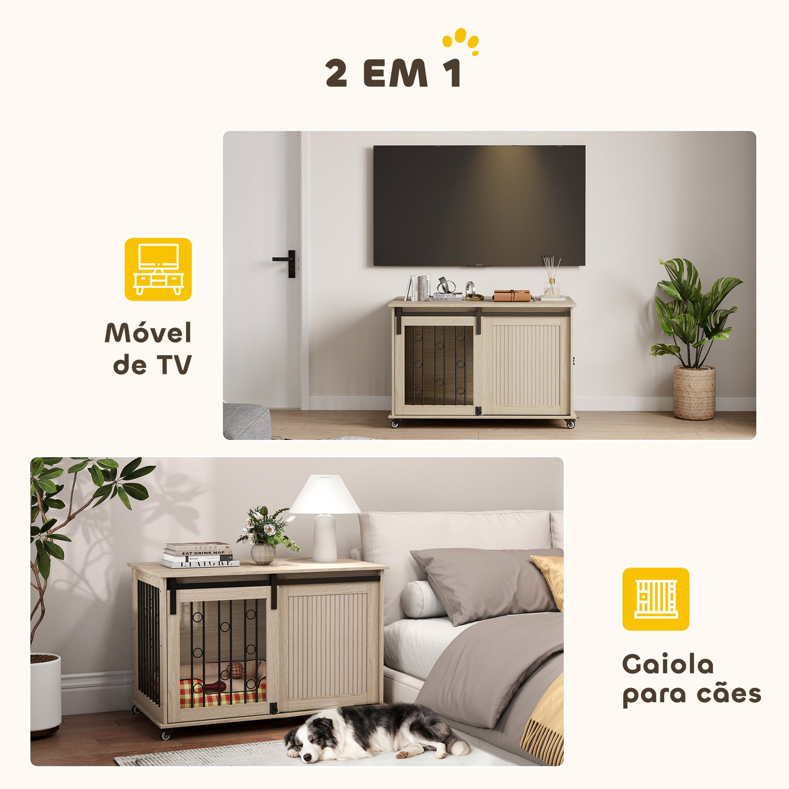 Móvel gaiola para cães com rodas 2 portas com fecho para cães médios e grandes 100x56x65 cm carvalho