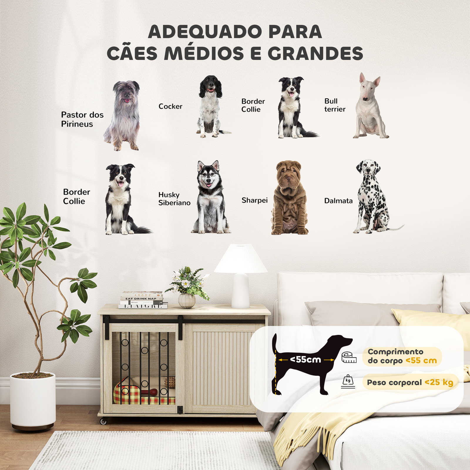 Móvel gaiola para cães com rodas 2 portas com fecho para cães médios e grandes 100x56x65 cm carvalho