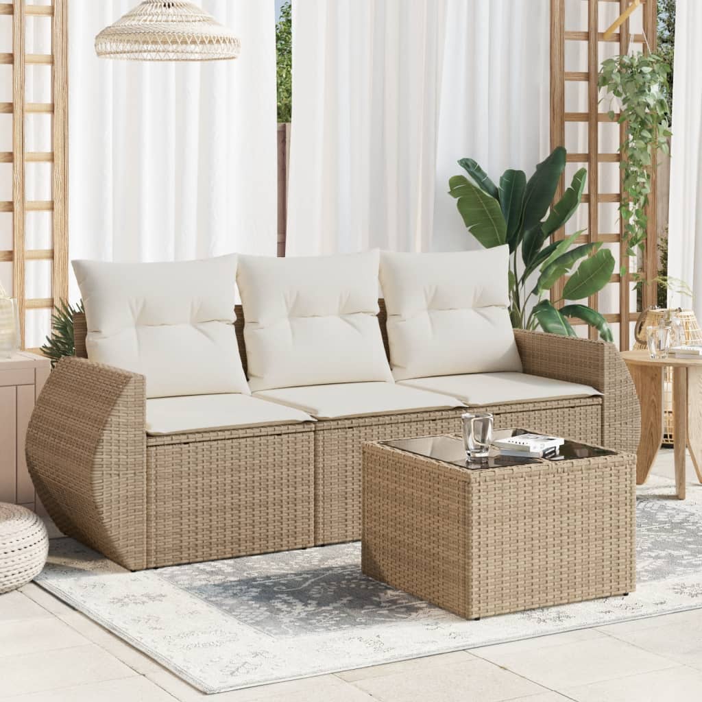 4 Pcs conjunto de sofás para jardim c/ almofadões vime PE bege