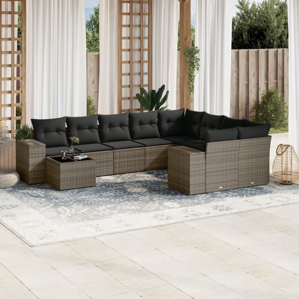 10 Pcs conjunto sofás de jardim c/ almofadões vime PE cinzento