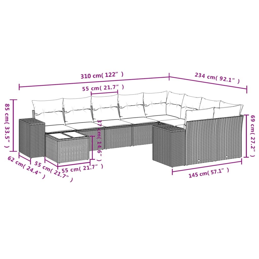 10 Pcs conjunto sofás de jardim c/ almofadões vime PE cinzento