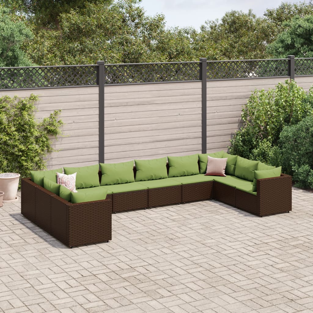 10 Pcs conjunto lounge jardim c/ almofadões vime PE castanho