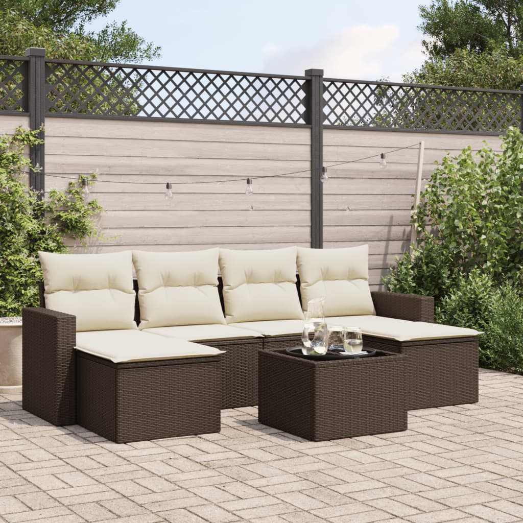 7 Pcs conjunto de sofás jardim c/ almofadões vime PE castanho