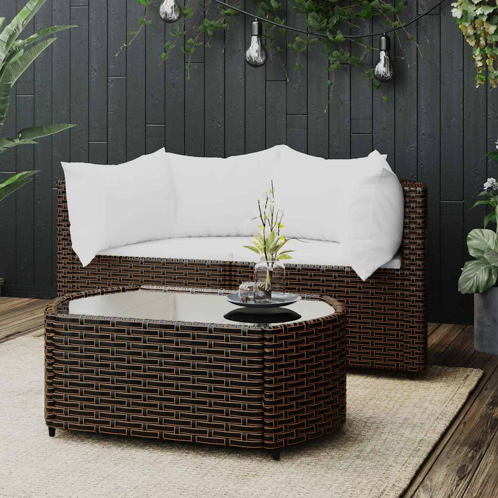 3 Pcs conjunto lounge jardim c/ almofadões vime PE castanho