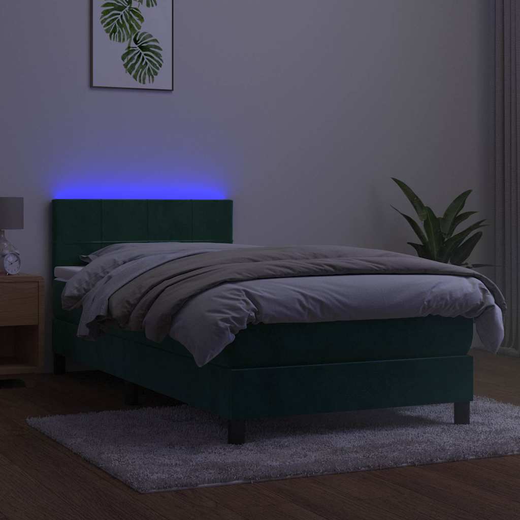 Cama box spring c/ colchão/LED 90x200 cm veludo verde-escuro
