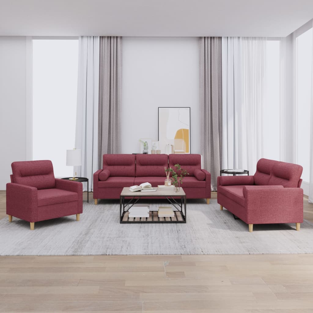 3 Pcs conjunto de sofás com almofadas tecido vermelho-tinto