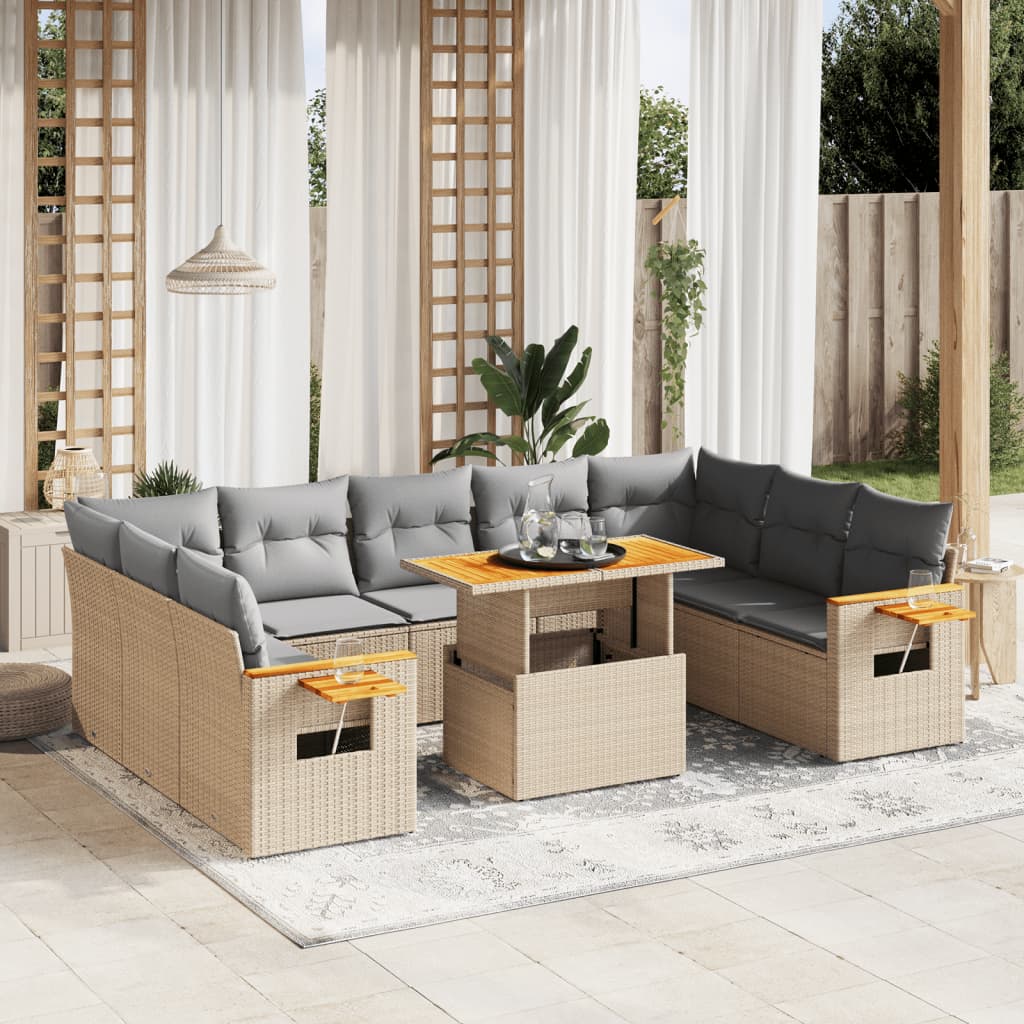 11 Pcs conjunto sofás de jardim c/ almofadões vime PE bege