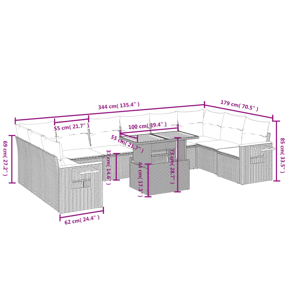 11 Pcs conjunto sofás de jardim c/ almofadões vime PE bege