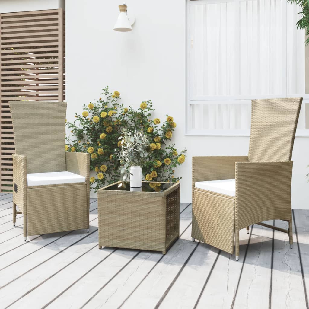3 Pcs conjunto lounge para jardim vime PE e aço bege