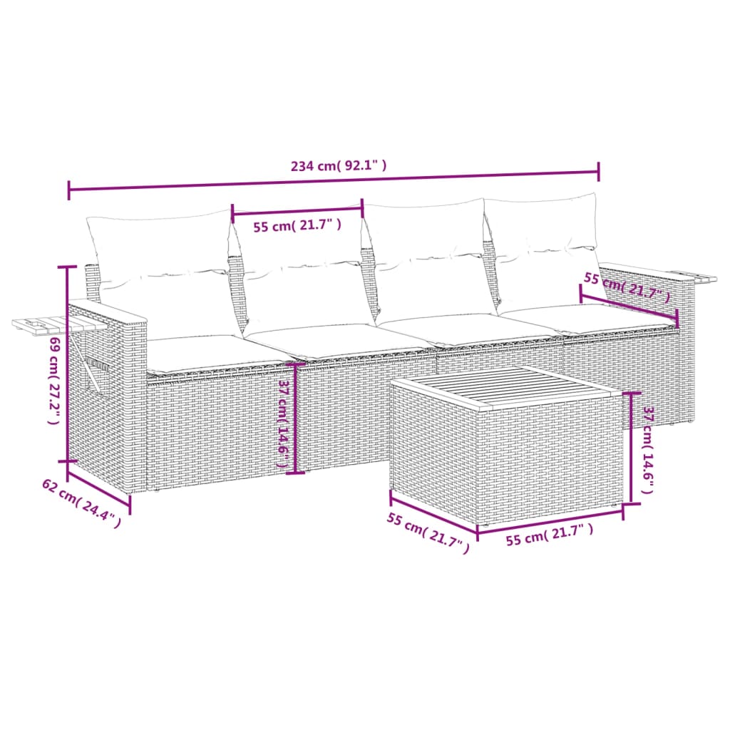 5 Pcs conjunto sofás de jardim com almofadões vime PE preto