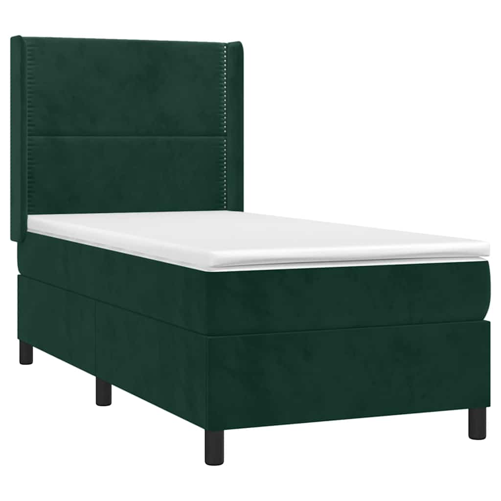 Cama box spring c/ colchão/LED 90x190 cm veludo verde-escuro