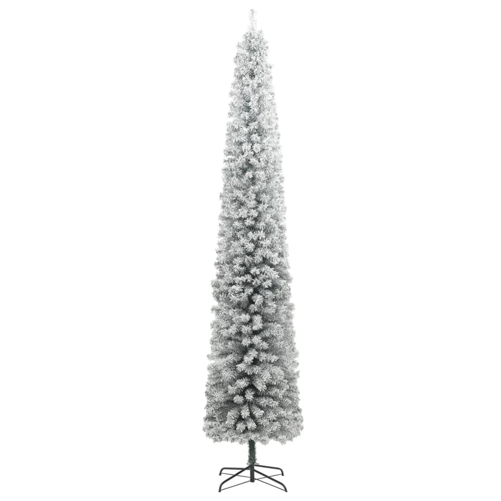 Árvore de natal fina c/ suporte e flocos de neve 270 cm PVC