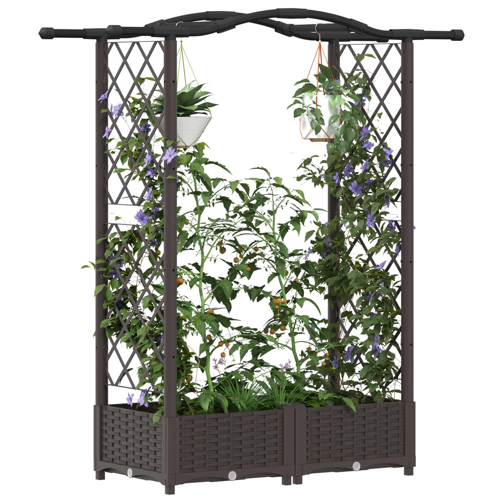 Cama elevada com treliça e telhado castanho 124 x 40 x 123 cm