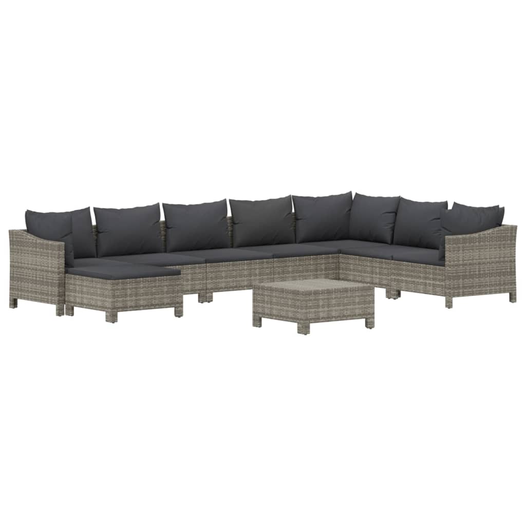 9 Pcs conjunto lounge de jardim c/ almofadões vime PE cinzento